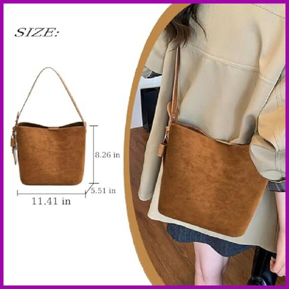 Suede Bucket Bag with Detachable Straps, Crossbody Shoulder Handbag - Picture 6 of 7